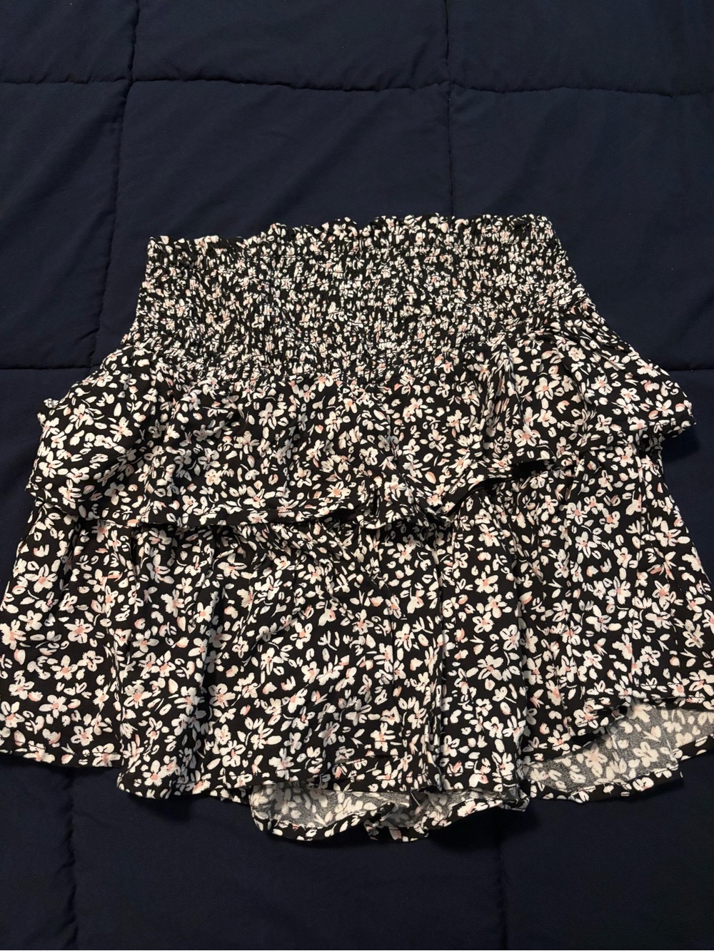 Black Floral Ruffled Smocked Mini Skirt - Pink & White Flowers